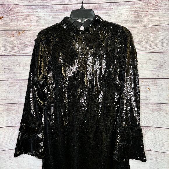 Ann Taylor Black Holiday Party Shimmer Sequined Bell Sleeve Shift Dress Size 2 - Picture 10 of 10
